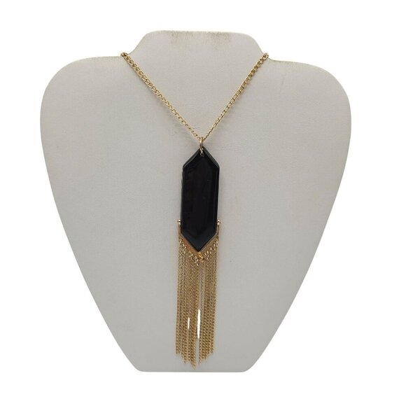 1980s Gold Chain Necklace With Black Pendant Fringe Tassel Design - Picture 1 of 5